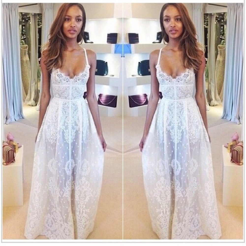 White Sheer Lace Spaghetti Strap Women Maxi Dress